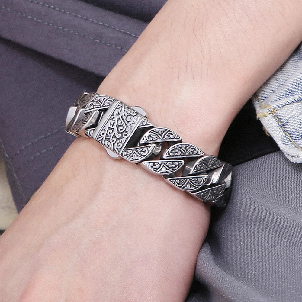 Stainless Steel 17MM Wide Chain Man Bracelet Homme Gold Color Metal Strap Men's Bracelets For Man Products 7.9"