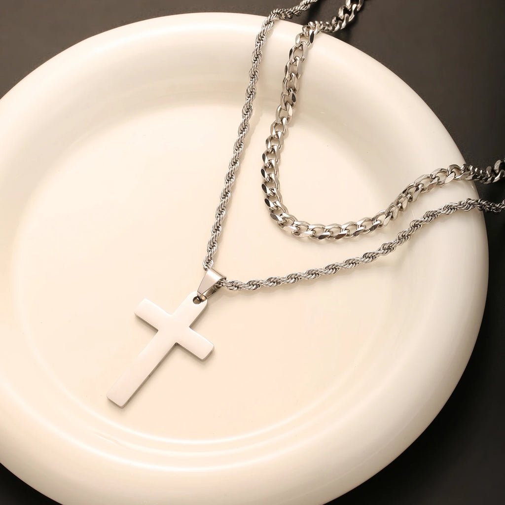 2PCS/SET INGCHAU Fashion Stainless Steel Twisted Chain Cross Necklace for Men Stacked Cuba Chain Necklace Men Spiritual Jewlery