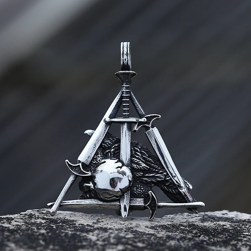 Gothic Bird & Skull Triangle Pendant — Green Eye, Stainless Steel
