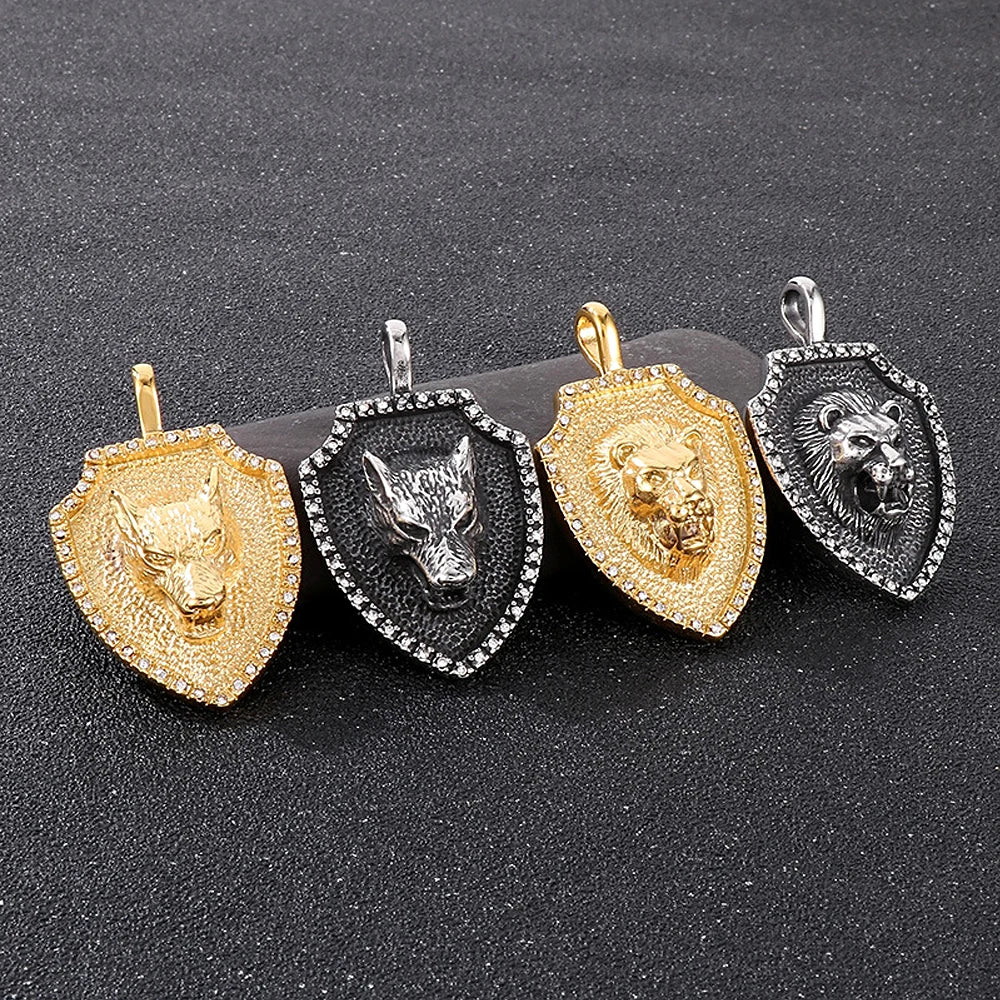 Lion Head Shield Pendant Necklace — Stainless Steel