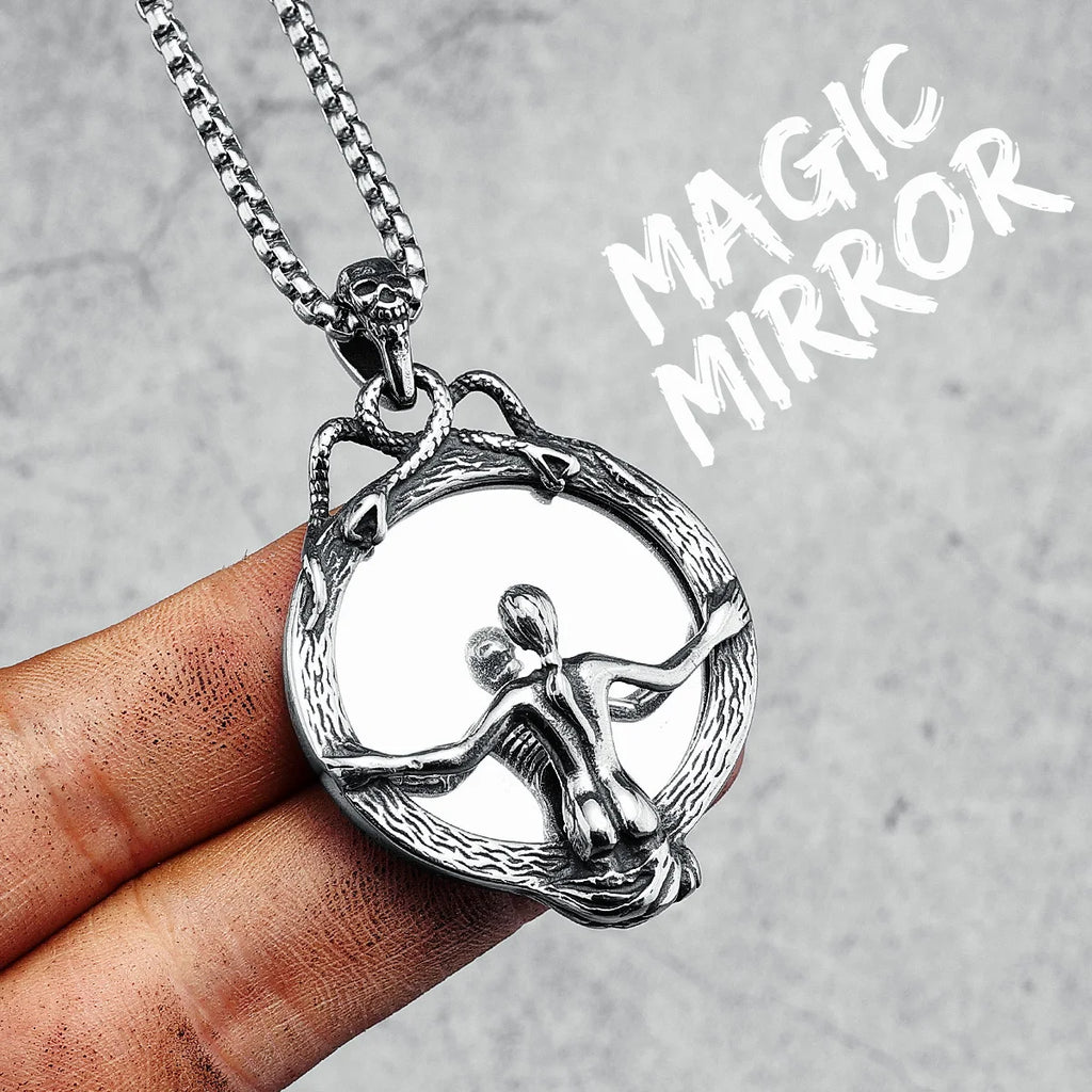 Magic Mirror Necklace Stainless Steel Men Skull Pendant Chain Vintage Punk Rock Hip Hop Rap for Friend Jewelry Gift