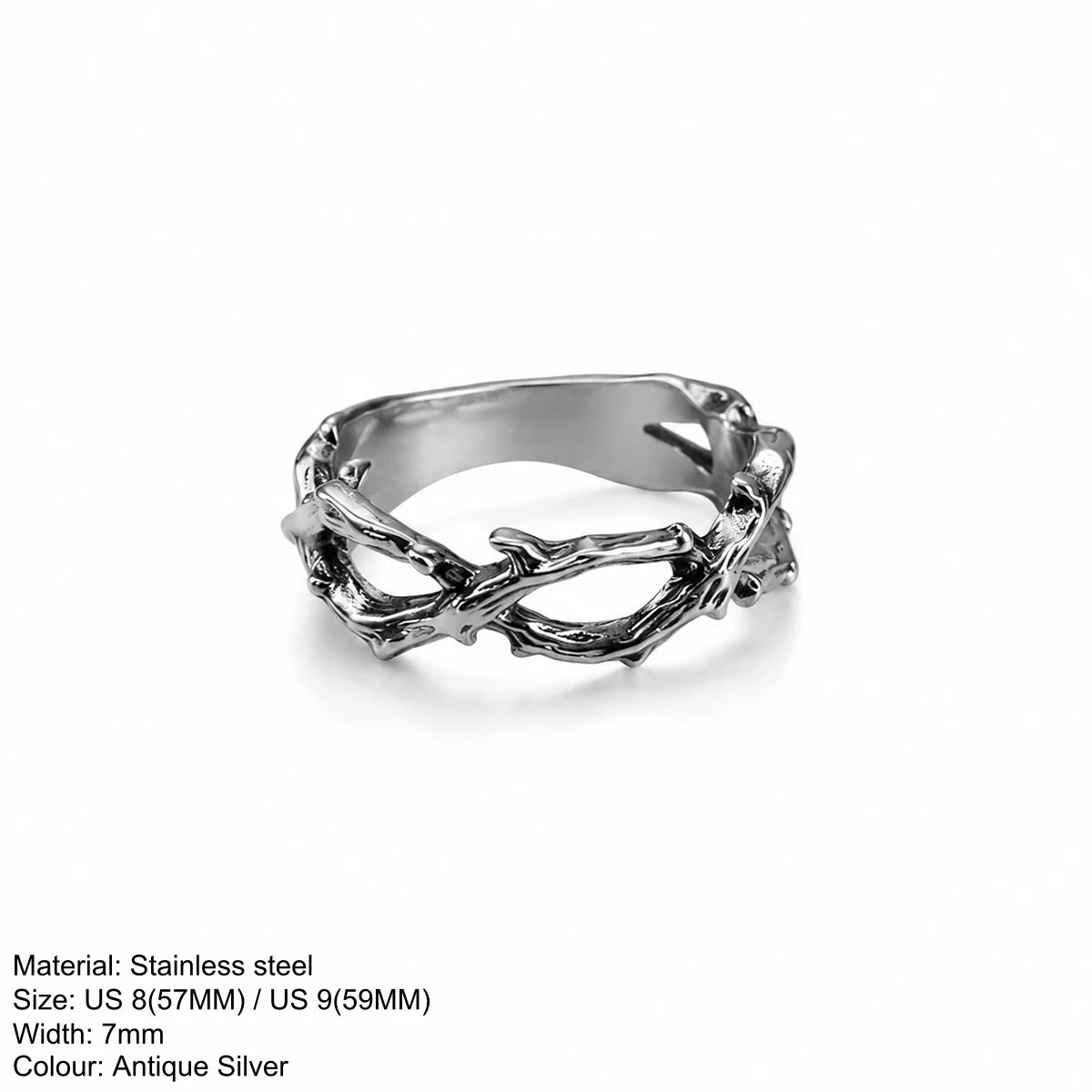 Twisted Thorn Branch Ring — 7mm Gothic, Stainless Steel