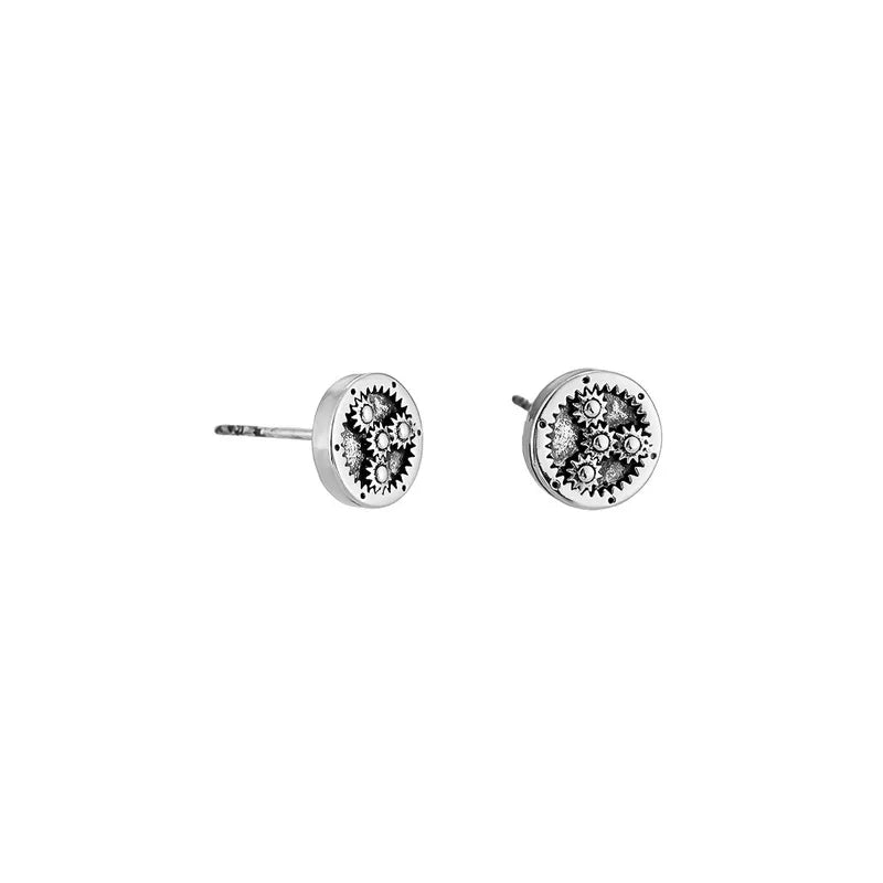 Mini Gear Wheel Round Engraved Stainless Steel Stud Earrings Steampunk Mechanical Vintage Ear Piercing for Guys