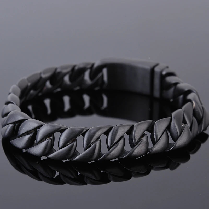 Matte Black Stainless Steel On Hand Bracelet for Men Fashion Men's Bracelets Retro 12MM Curb Link Chain Male Jewelry