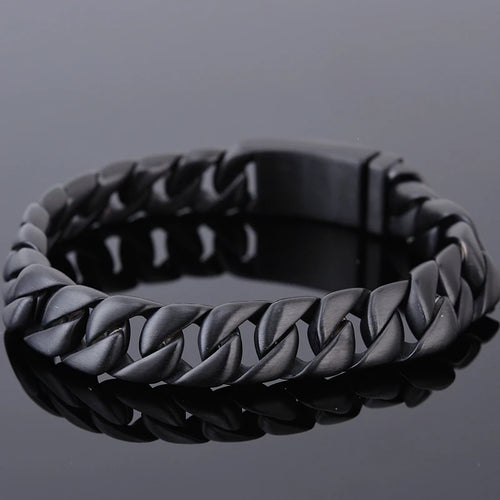 Matte Black Stainless Steel On Hand Bracelet for Men Fashion Men's Bracelets Retro 12MM Curb Link Chain Male Jewelry