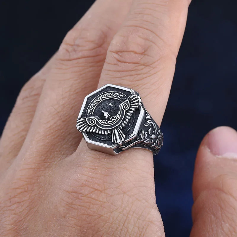 Amulet 2023 New 316L Stainless Steel Norse Mythology Flying Eagle Ring For Man Women Viking Pattern Jewelry Party Gift