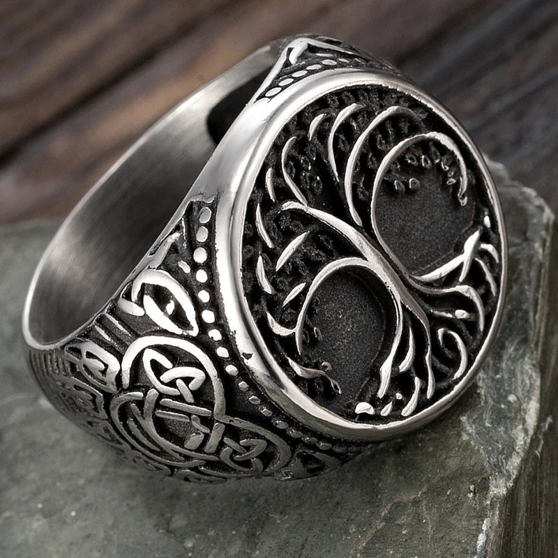 Viking Tree Of Life Ring 316L Stainless Steel Distressed Grey Norse Mythology Symbol Retro Hip Hop Men Hand Jewelry For Male Hot