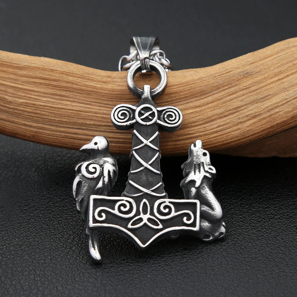 Viking Thor Hammer Wolf Pendant — Stainless Steel