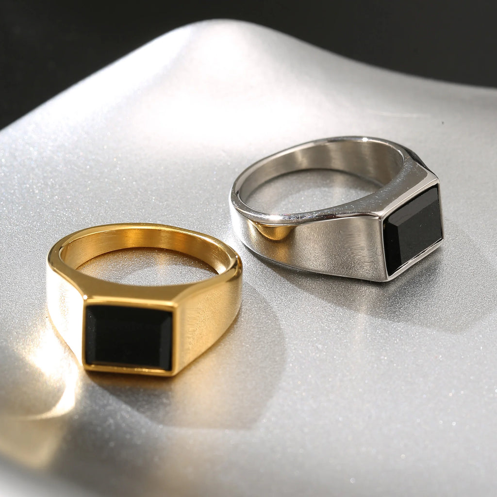 LNCHRAN Men 316L Stainless Steel Gold/ Black Onyx Square Signet Ring Minimalist Jewelry Gift For Men