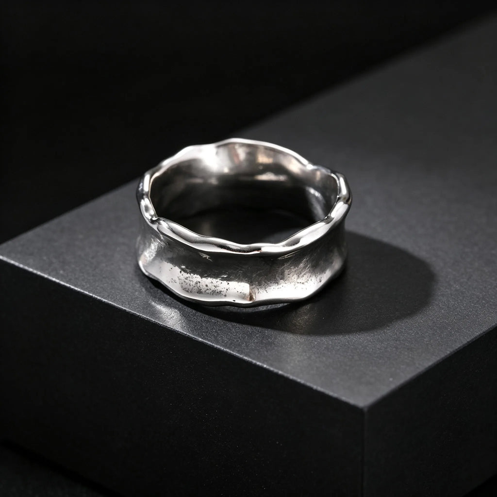 Men's Stainless Steel Vintage Irregular Hammered Ring High Polished 8mm Wide Band Ring Fashion Statement Jewelry Gift for Men