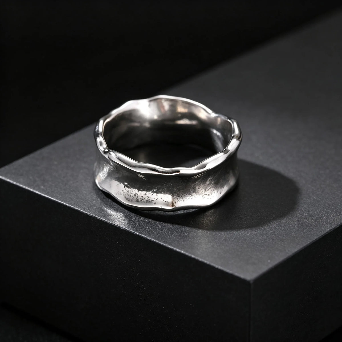 Men's Stainless Steel Vintage Irregular Hammered Ring High Polished 8mm Wide Band Ring Fashion Statement Jewelry Gift for Men