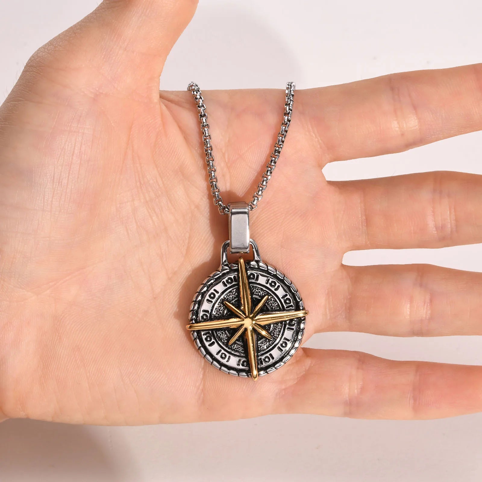 North Star Men Necklace ,Stainless Steel Compass Pendant,Mens Jewelry, Coin Form Handmade Necklace