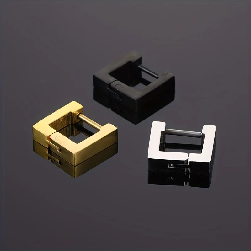 1pc Punk Hiphop Stainless Steel Geometric Type Square Hoop Earrings Ear Buckle Stud Accessories For Men Women Daily