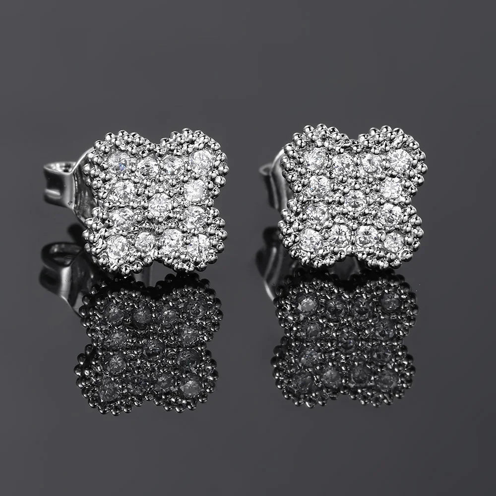 Silver Iced Out Four Leaf Clover Stud Earrings