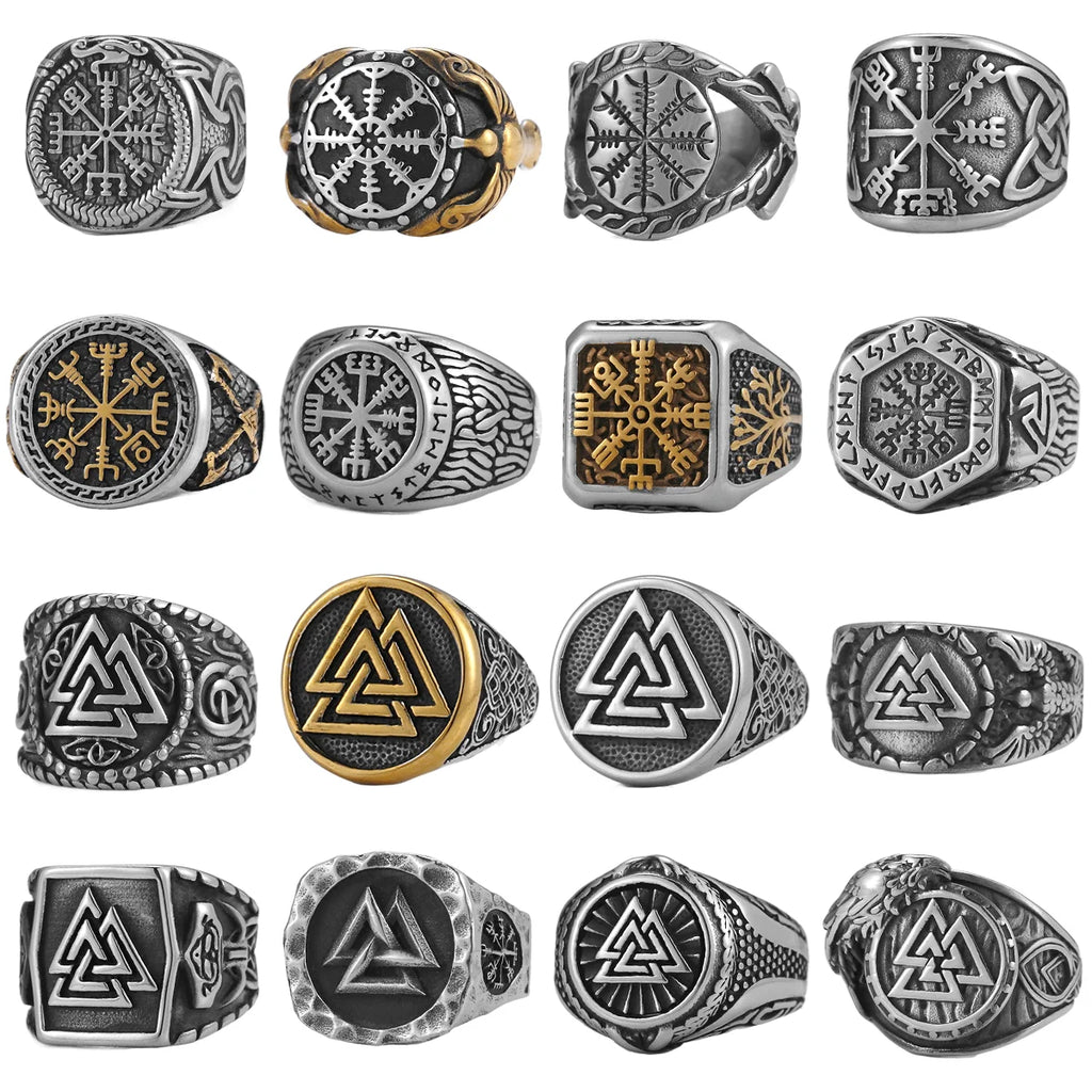 Vintage Stainless Steel Viking Amulet Ring Norse Compass Runes Men and Women Rings Teens Multi Style Jewelry Boyfriend