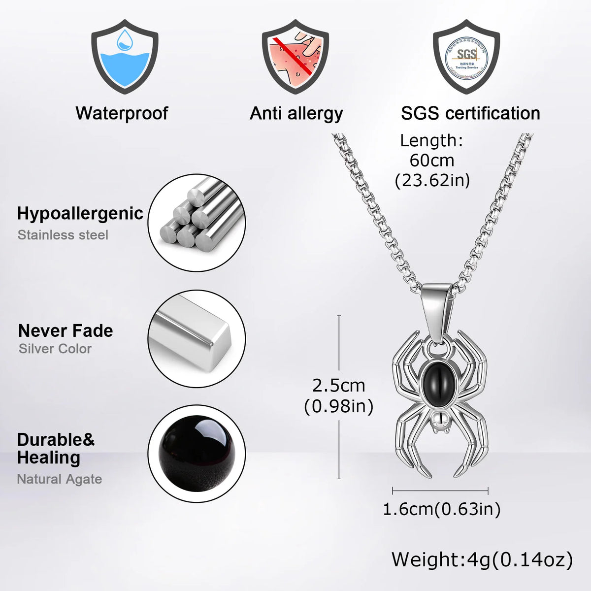 Gothic Punk Spider Totem Necklace for Men,Stainless Steel Black Onyx Inlaid Spider Pendant Necklace,Trend Halloween