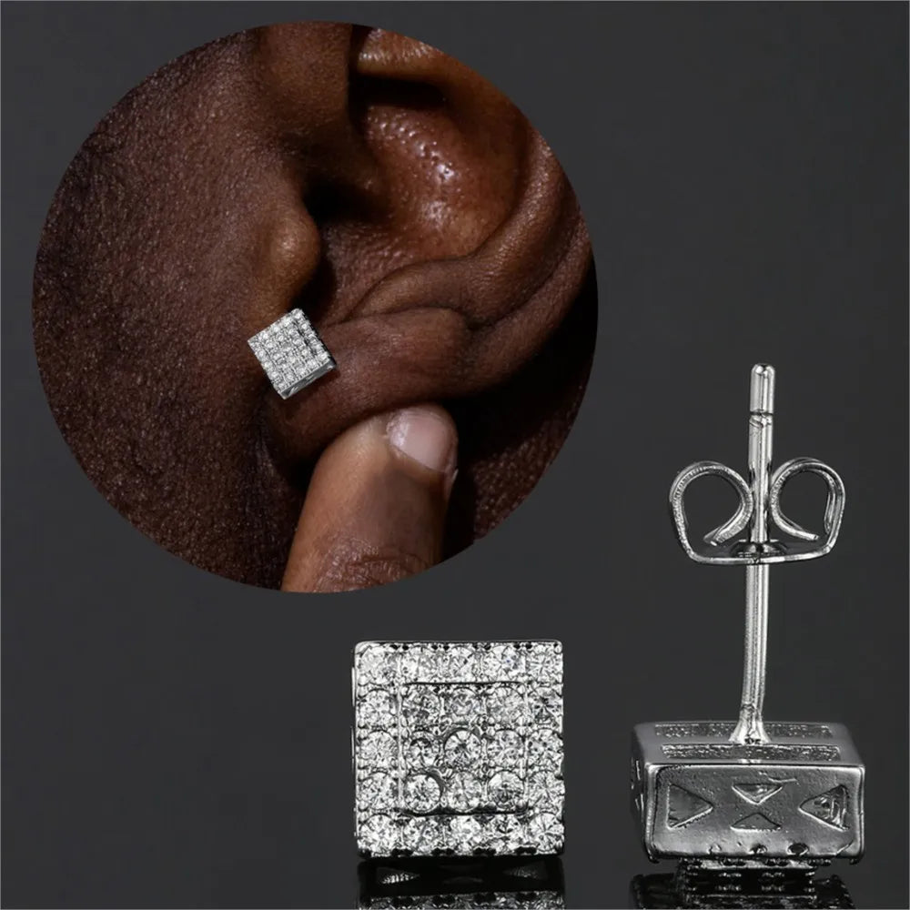 Silver Iced Out Square Stud Earrings CZ