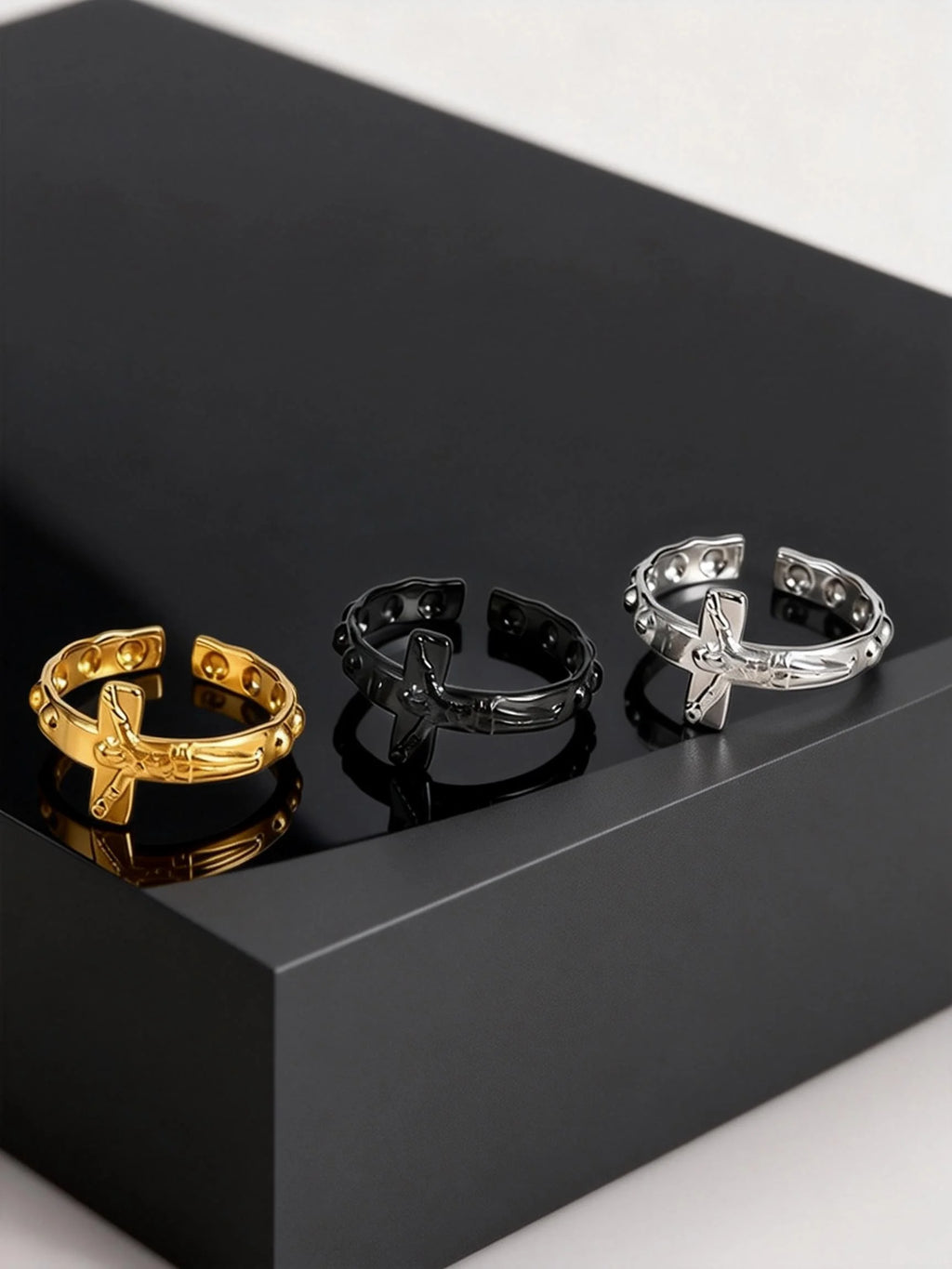 Fashion Vintage Jesus Cross Rings for Men, Waterproof Stainless Steel Adjustable Open Rings, Religious Party Jewelry Gift
