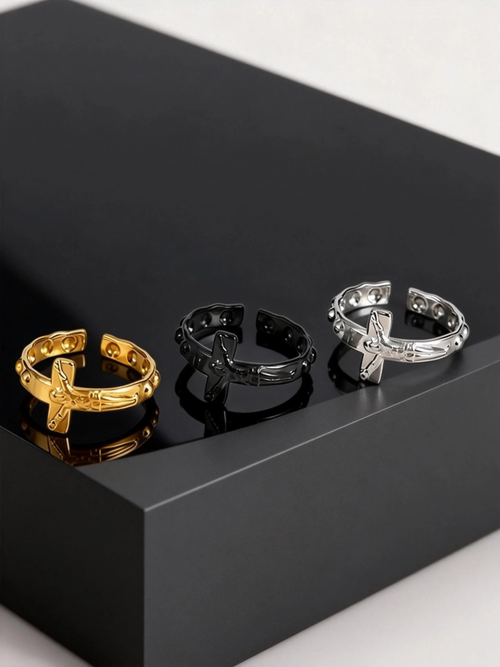 Fashion Vintage Jesus Cross Rings for Men, Waterproof Stainless Steel Adjustable Open Rings, Religious Party Jewelry Gift