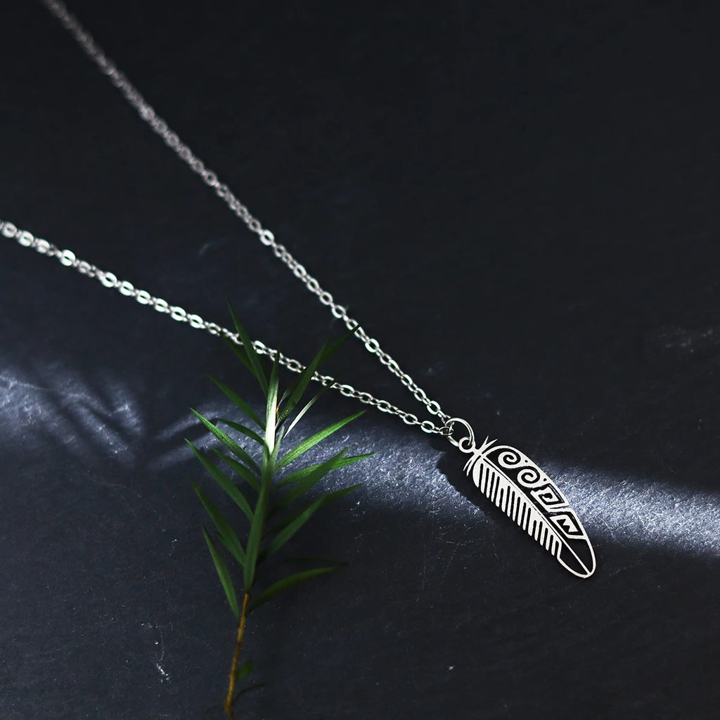 Kinitial Boho Feather Pendant Male Necklace For Women Men Stainless Steel Silver Color Leaf Chain Jewelry Gift collar