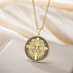 Cazador Vintage Man of Faith Lion Cross Pendant Necklace for Women Men Stainless Steel Box Chain Christian Faith Jewelry Gifts