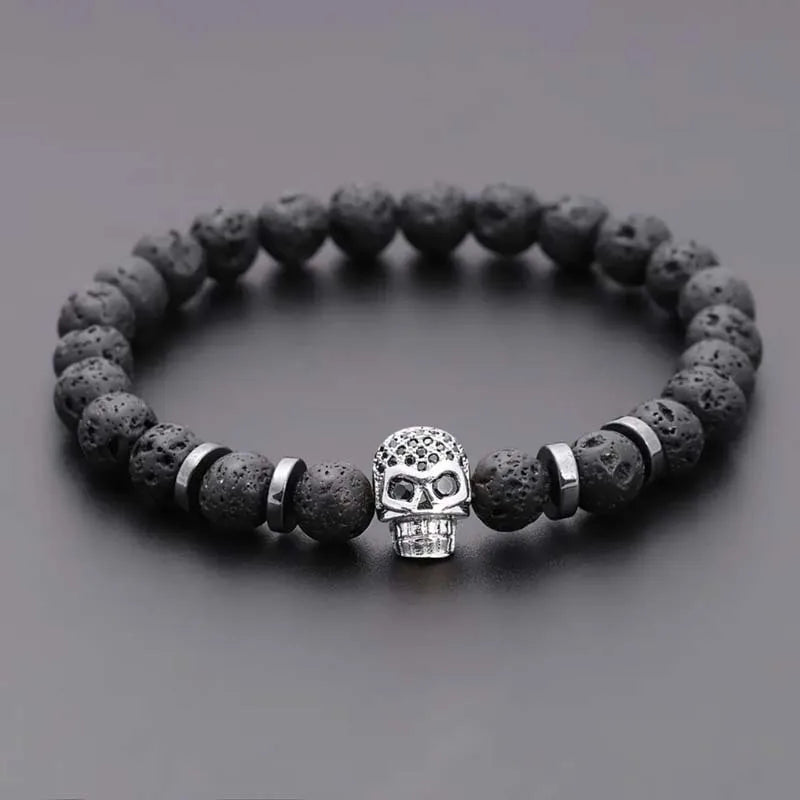 Hot sale natural stone volcanic rock beaded bracelet micro inlaid zircon skull personality copper accessories jewelry
