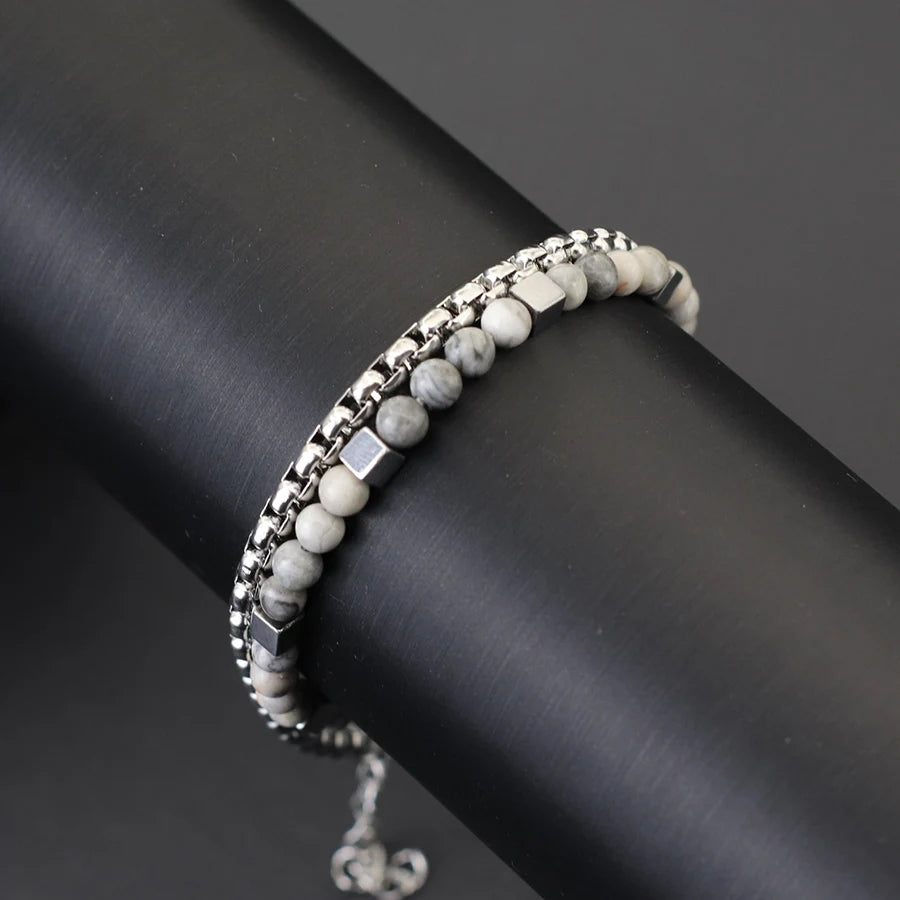 Punk 2Pcs/set Natural Stone Bracelet Men Stainless Steel Chain Tiger Eyes Hematite Beaded Braslet Cool Boyfriend Gifts For Him