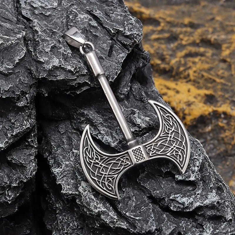 Men's Viking Axe Pendant Necklace Silver Tone Alloy Celtic Pattern Link Chain Retro Nordic Style Fashion Jewelry Accessory