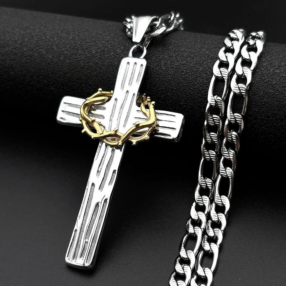 Crown of Thorns Jesus Cross Pendant — Two-Tone
