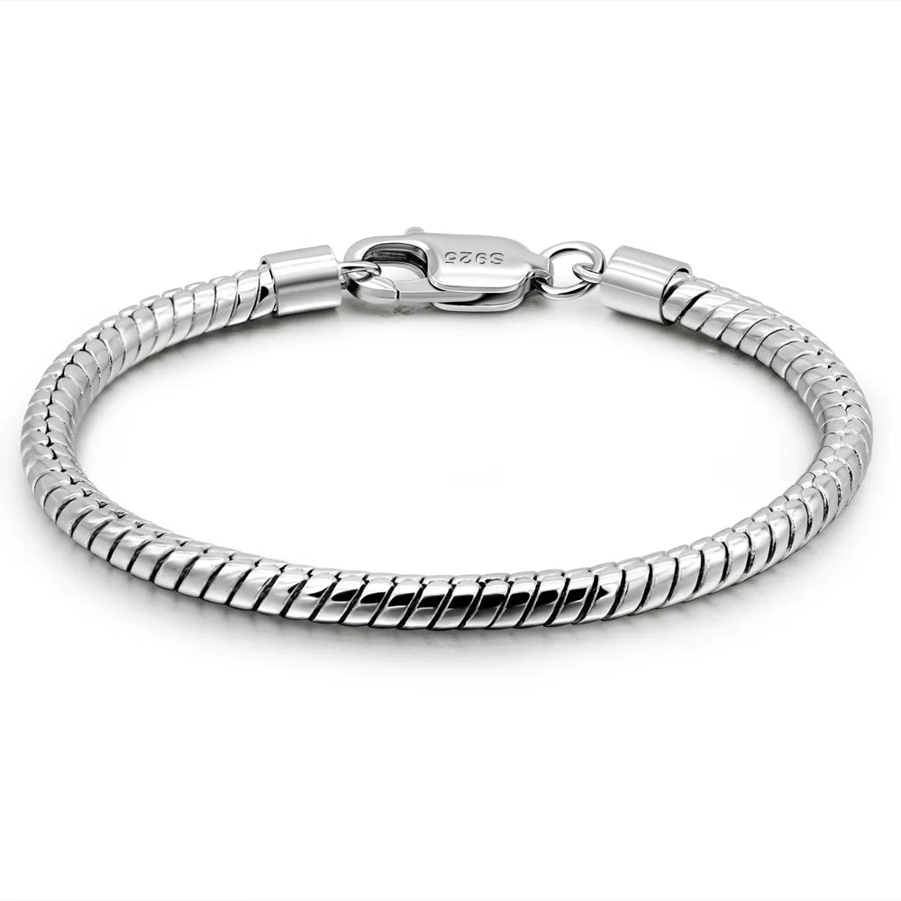 Smooth 3MM 4MM Round Snake Chain Bracelet 100% 925 Sterling Silver Men Women Teen Boy Girls  6.3"- 9"  Bangle Jewelry Gift