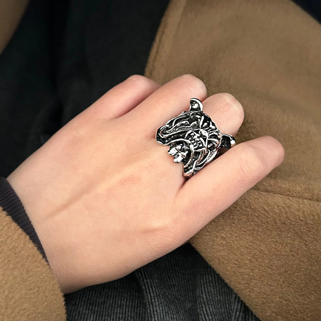 Nordic Viking Animal Dog Head Ring Women Men Exaggeration Ferocious Personalized Opening Chunky Rings Steampunk Jewelry