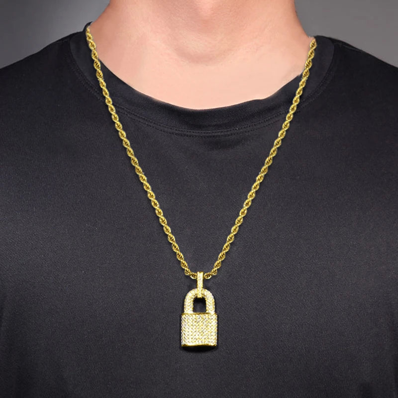 Huitan Hip Hop Lock Pendant Necklace for Women Men Full with Bling Bling CZ Statement Rock Neck Accessories Female Male Jewelry