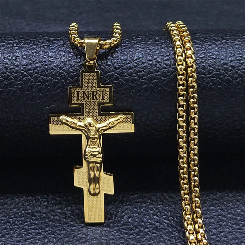 Catholic Orthodox Cross Necklace Stainless Steel Gold Color INRI Crucifix Jesus Necklaces Holy Jewelry cordao masculino