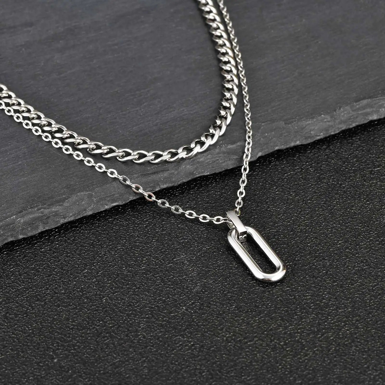Stylish Geometry Layering Necklaces for Men Women,Silver Color Stainless Steel Rectangle Pendant Neacklace,Birthday