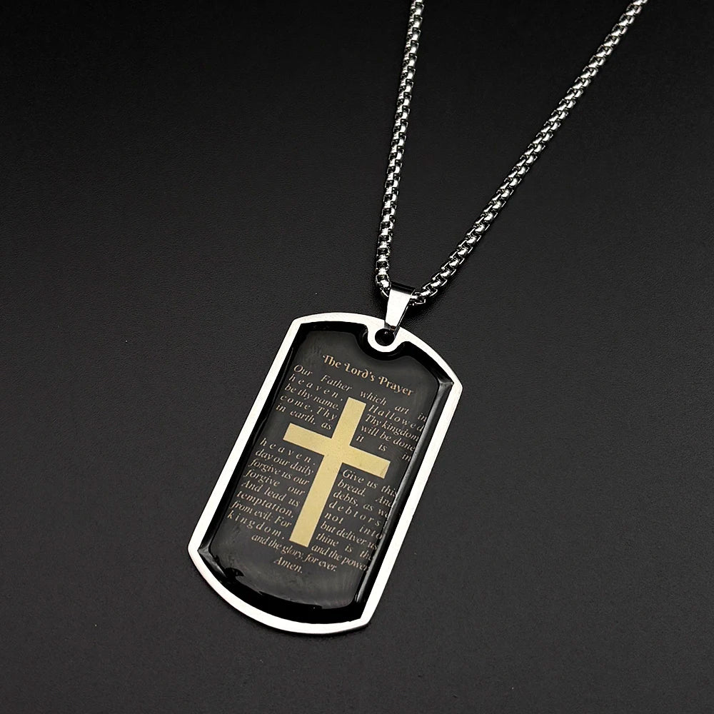 Lord's Prayer Our Father Glass Cross Necklace — Stainless Steel