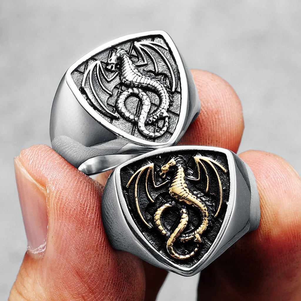 Dragon Shield Ring 316L Stainless Steel Men Rings Rock Punk Norse Myth for Biker Male Boyfriend Jewelry Best Creative