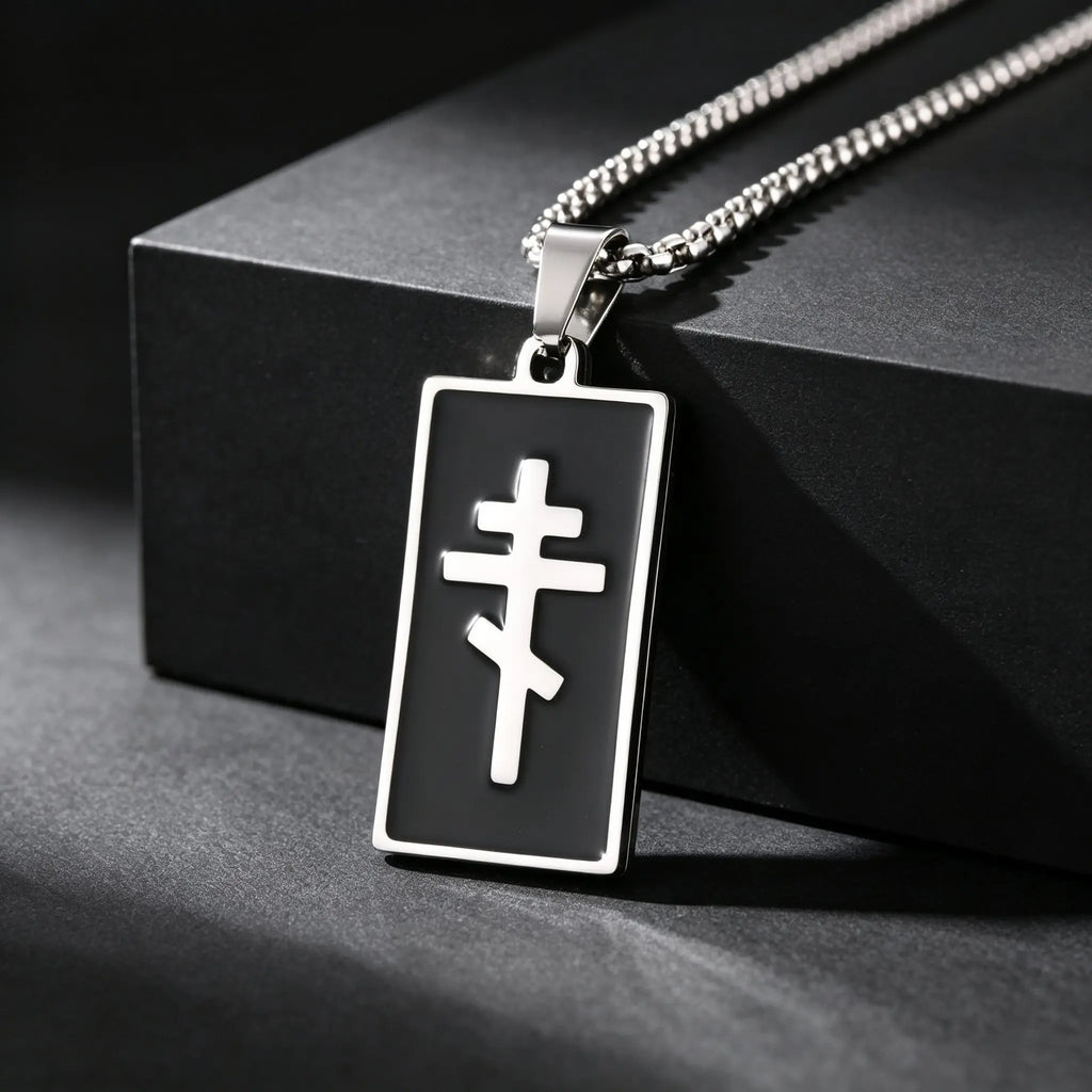 Orthodox Church Cross Necklace — Black Enamel, Stainless Steel