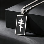 Orthodox Church Cross Necklace — Black Enamel, Stainless Steel