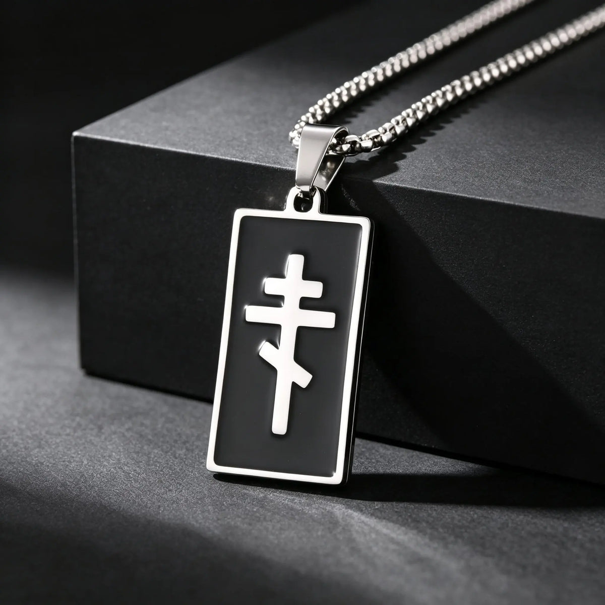 Orthodox Church Cross Necklace — Black Enamel, Stainless Steel