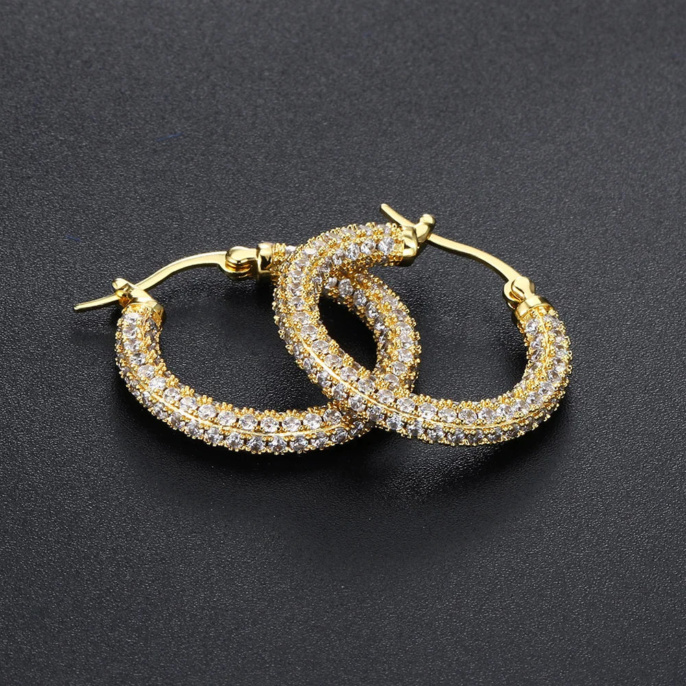 Two-Tone Iced Out Hoop Earrings CZ Silver Gold