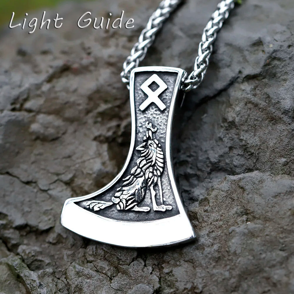2025 NEW Men's 316L stainless-steel Viking Celtic Wolf Raven Axe Pendant Necklace scandinavian Jewelry Gift free shipping