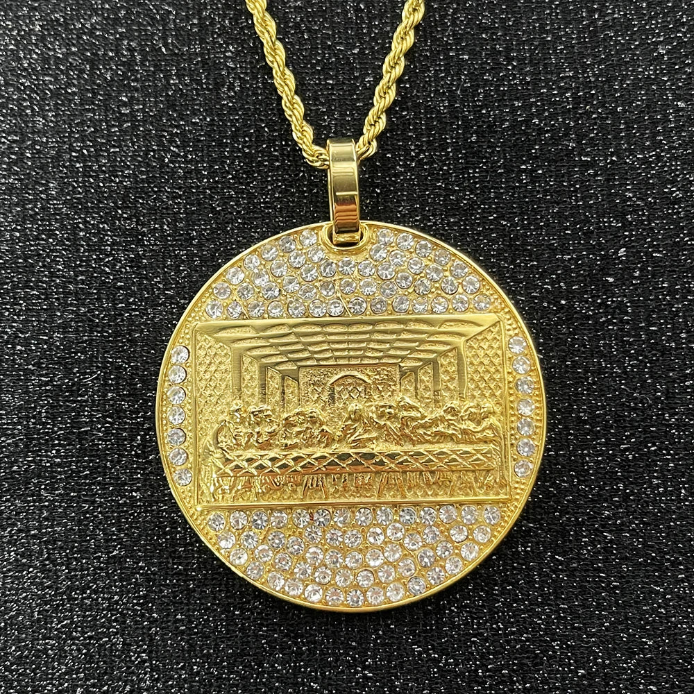 Last Supper Pendant Necklace — Big Jesus Rhinestone, Gold-Tone