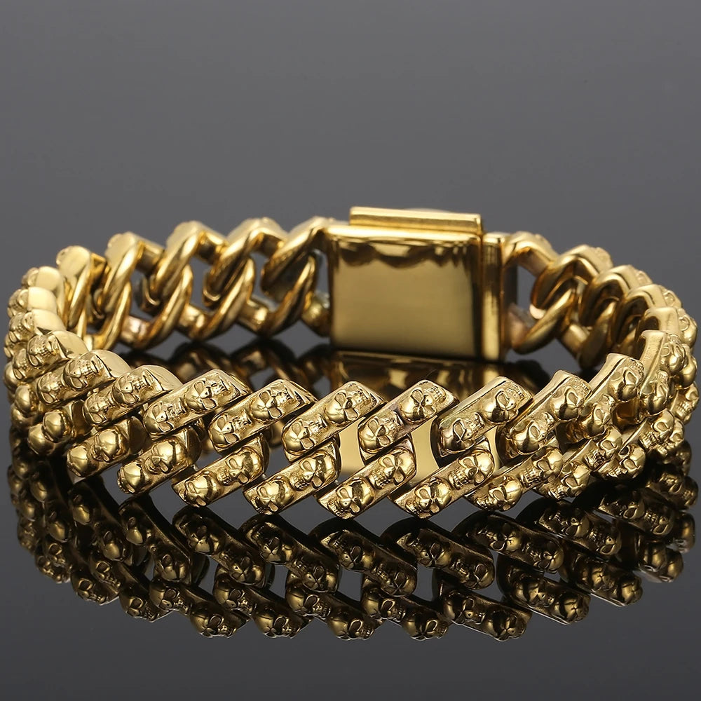 Steampunk Skeleton Man Bracelet Men's Stainless Steel Skull Head Chain Wristband Viking Charm Bangles Halloween Jewelry