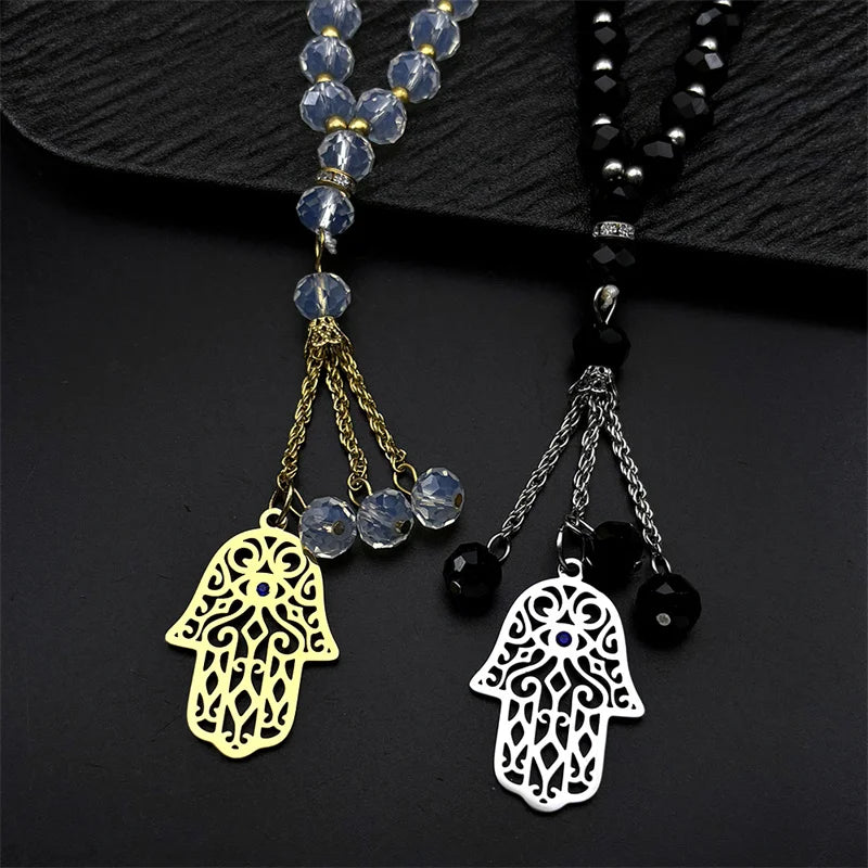 Vintage Hamsa Beaded Pendant Necklace — Steel