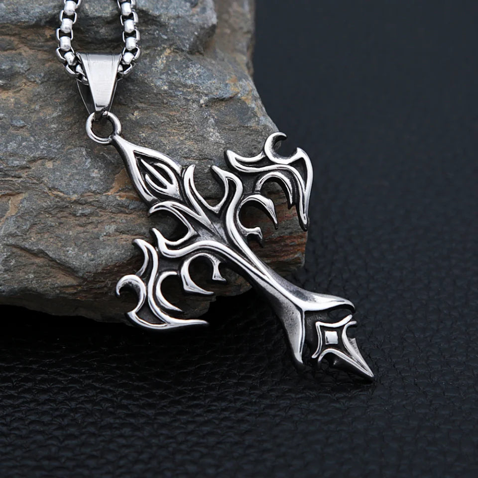 Flame Cross Pendant Necklace — Stainless Steel