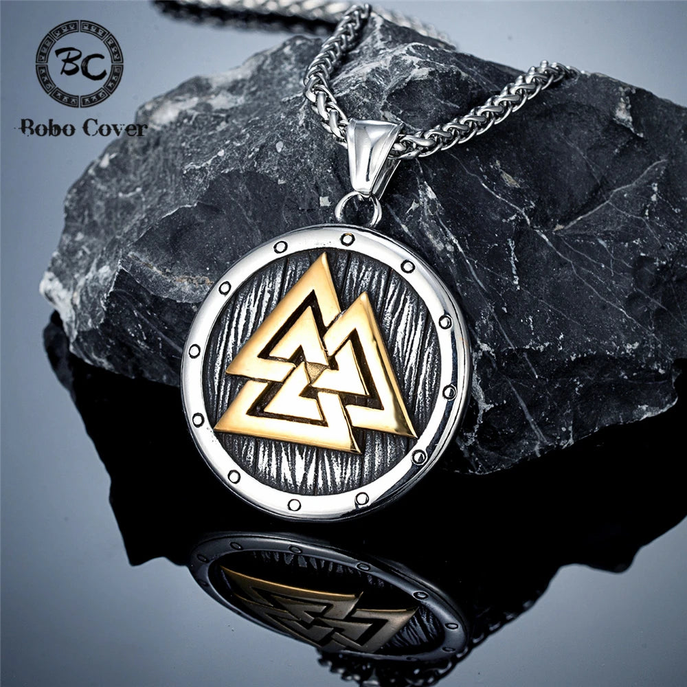 Norse Mythology Valknut Vikings Shield Necklaces Men's Vintage Nordic Runes Amulet Pendant Stainless Steel Scandinavian Jewelry