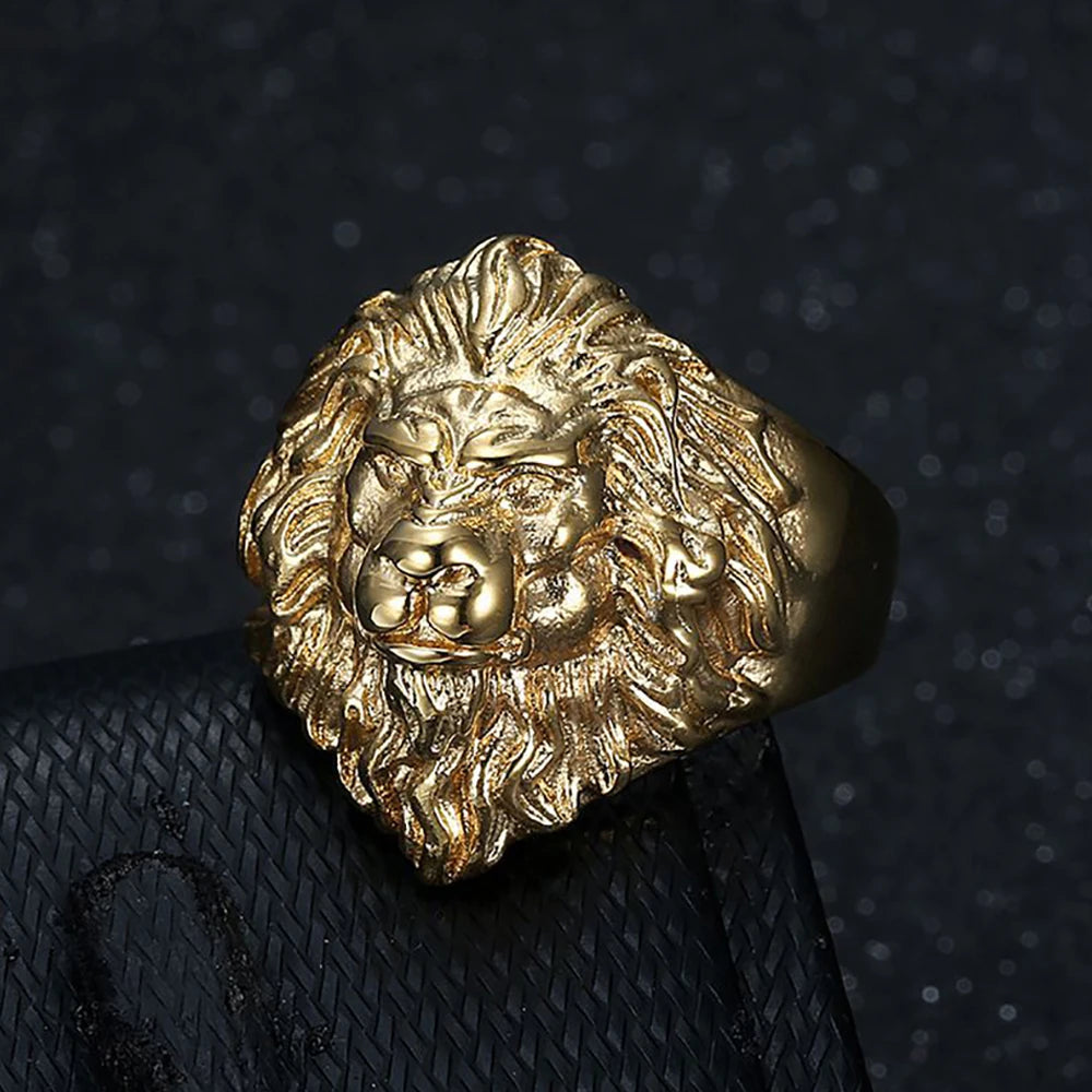 Hip Hop Gold Color Lion Head Ring Stainless Steel Big Large Animal Lion Finger Rings For Men Boys Punk Rapper Jewelry