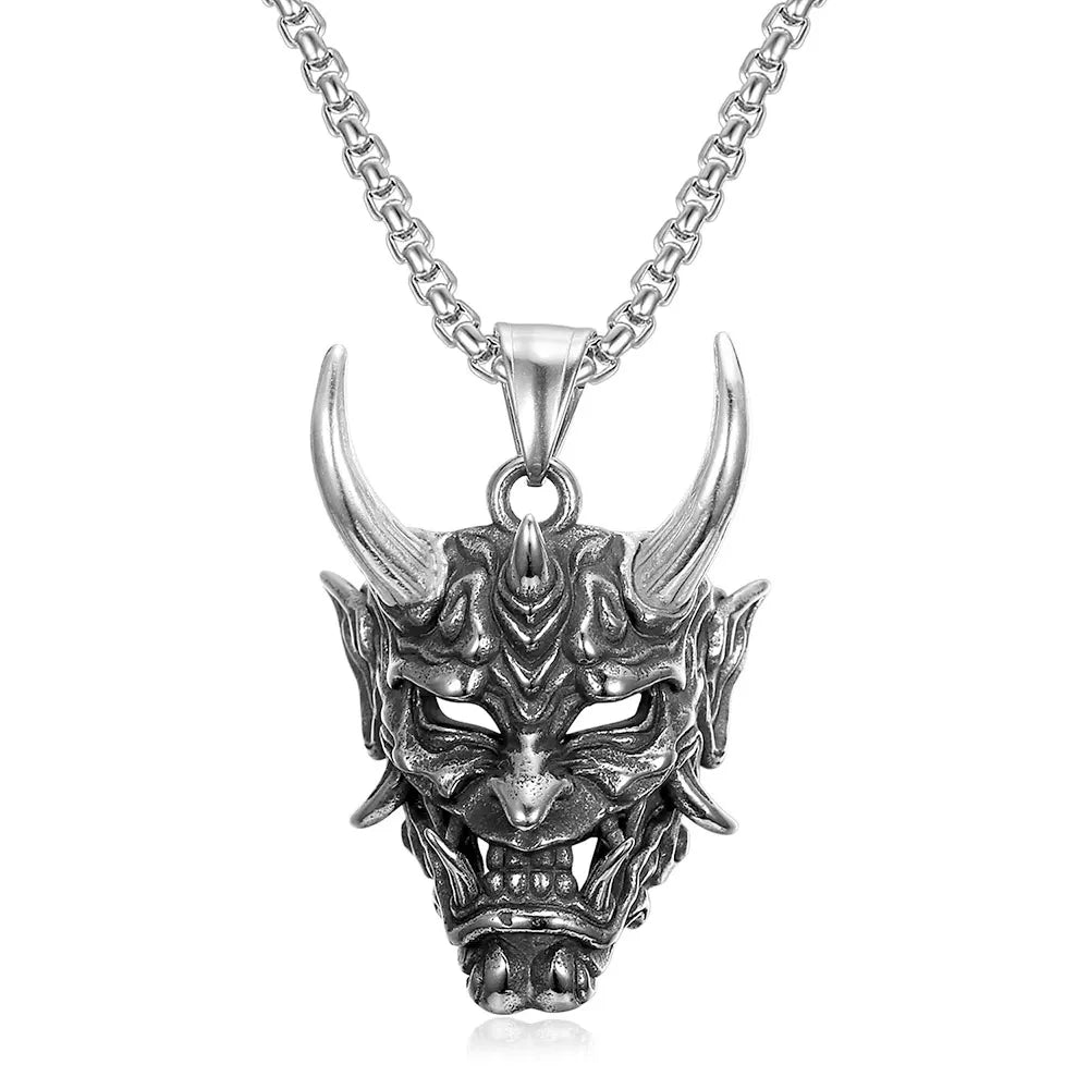 Gold Ox Horn Bodhi Demon Tooth Pendant Stainless Steel Double Skull Byzantine Necklace Hiphop Skull Demon Mask Necklace Gift