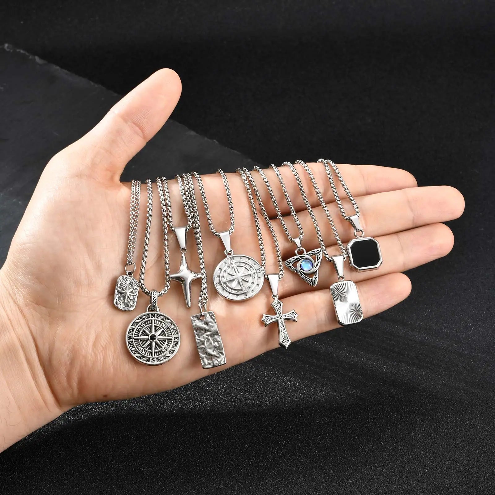 Men's Silver Color Geometric Pendant Necklace, Non Fading Stainless Steel Compass Necklace with Chain, Stylish Jewelry