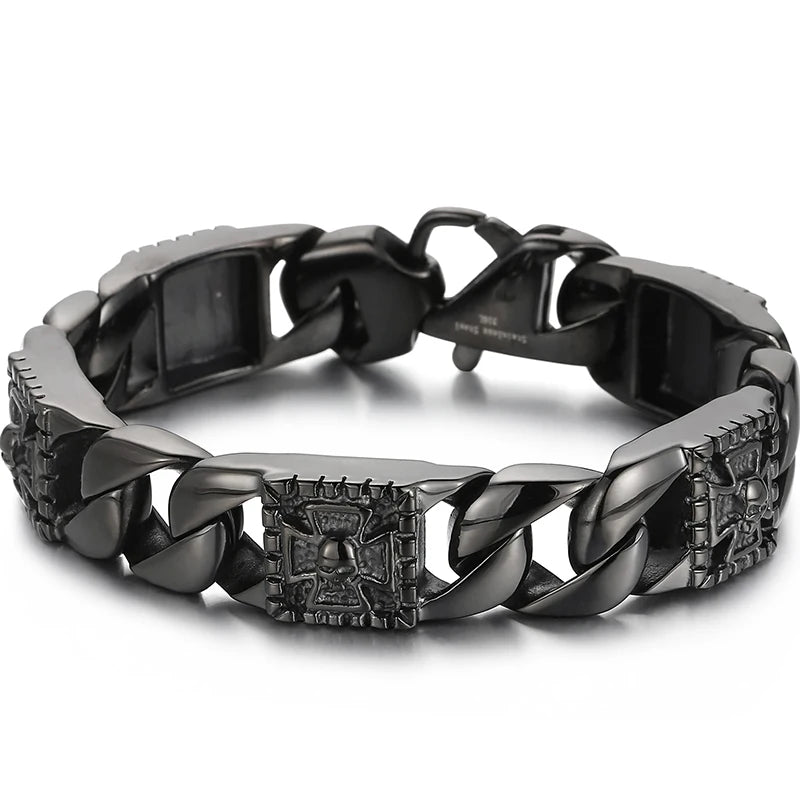Punk Skull Bracelet Men's Black Stainless Steel Vintage Cuban Link Chain Bracelet with Skulls Spring Clasp Gothic Biker